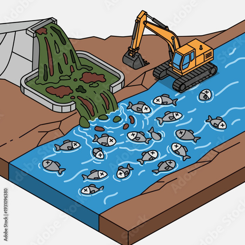 Polluted Water with Fish and Excavator.