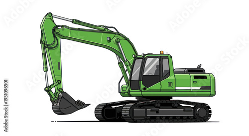Green Excavator Machine on White Background - Construction Vehicle Illustration