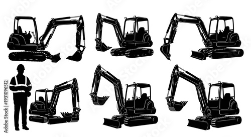 Mini Excavator Silhouettes and Construction Worker - Set of Icons