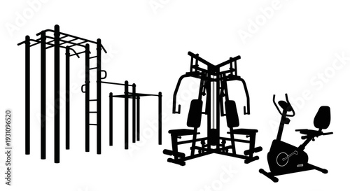Outdoor Fitness Equipment Silhouette: Gym Machines, Pull-up Bars, Exercise Bike