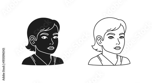 Two contrasting portraits of a woman in black and white Vector