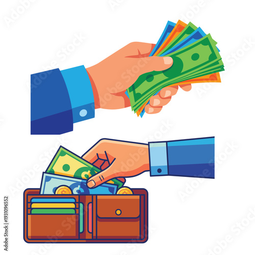 Handful of wealth: An illustration portraying a hand holding cash and depositing wealth. a vivid depiction of financial matters and transactions. 