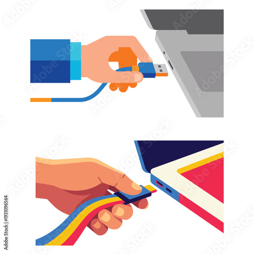 Digital Connection: A stylized illustration depicting hands inserting a USB and HDMI cable into a laptop, showcasing technology's essential role in modern communication and data transfer.