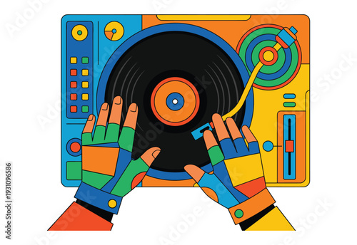 Rhythmic Beat Maestro: A colorful illustration captures the essence of music, showcasing the skillful hands of a DJ manipulating a classic vinyl record turntable.