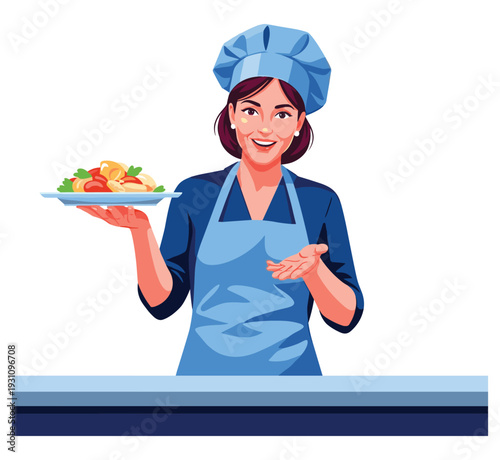 Culinary Presentation: A cheerful chef proudly presents a delectable dish, showcasing culinary artistry and the joy of preparing and serving a delicious meal.