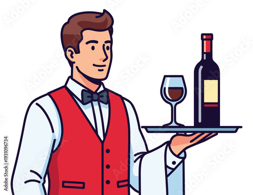 The Attentive Waiter: An illustration capturing a waiter, meticulously presenting a tray with a bottle of wine and a filled glass, showcasing professionalism in service.