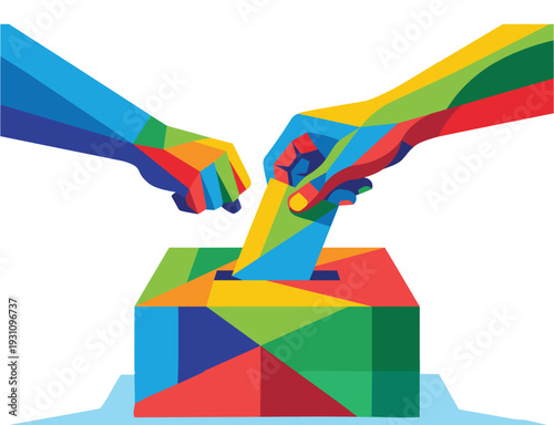 Voting for Progress: A vibrant depiction of the voting process, showcasing a hand casting a ballot into a ballot box, representing civic engagement and democratic values. 