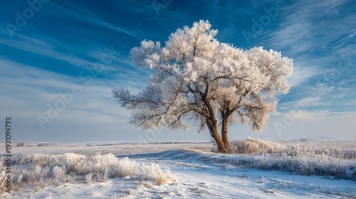 Single deciduous tree covered in heavy white rime ice dominates a flat, snowy.