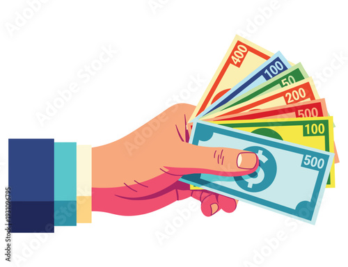 Handful of Cash: A hand holds a colorful array of banknotes, signifying wealth, financial gain, and monetary transactions. This image evokes feelings of abundance, prosperity.