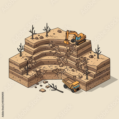 Excavator on Terrain with Dead Trees.