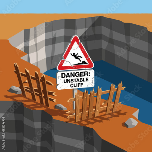 Danger Unstable Cliff Warning Sign Illustration.