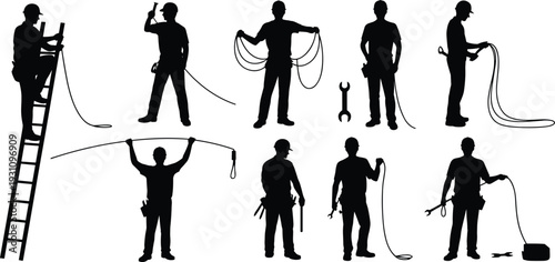 Collection of electrician and utility worker silhouettes with tools ladder cables and equipment electrical maintenance industrial service concept isolated on white background