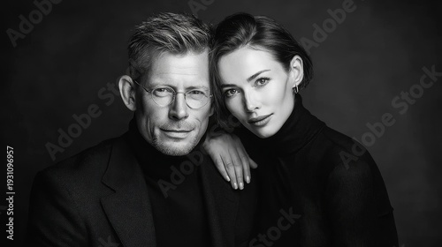 Elegant black and white couple portrait with man sitting in suit and woman standing behind hugging, calm expressions, soft dramatic lighting