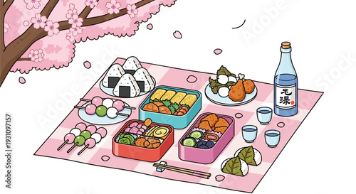 Hanami Picnic Food Illustration with Bento Sushi Onigiri and Sake under Sakura Tree