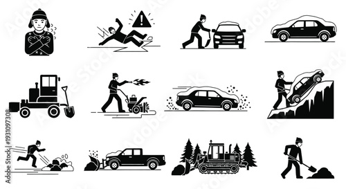 Collection of black and white vector icons illustrating various winter weather hazards and snow removal activities