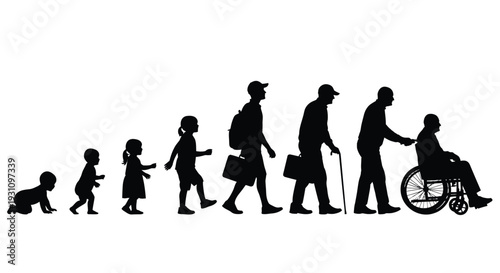 Vector illustration showing the journey of human life from babyhood to old age and disability