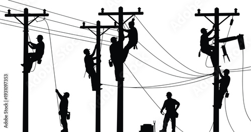 Silhouette collection of utility line workers climbing power poles performing high voltage electrical maintenance on overhead wires industrial energy infrastructure concept