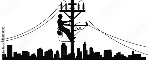 Silhouette of electrician on utility pole repairing overhead power lines above city skyline high voltage electrical maintenance urban energy infrastructure concept