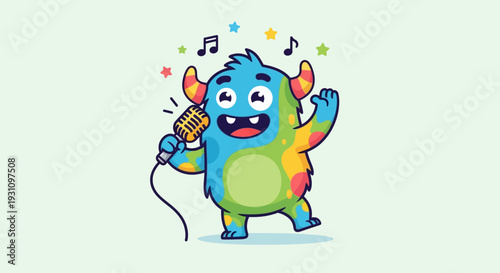 Cute colorful monster singing into a microphone, happy, music, stars