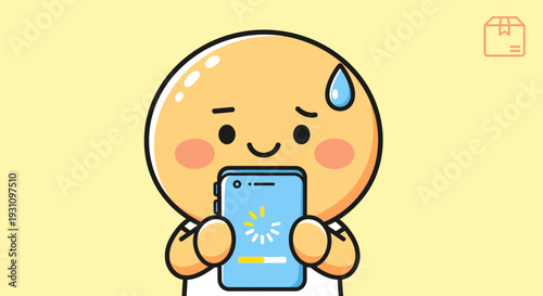 Cute character stressed about slow phone loading screen, sweating and worried