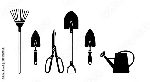 Assortment of gardening tools, neatly arranged and ready for use. Features a rake, trowels, scissors, a shovel, and a watering can.