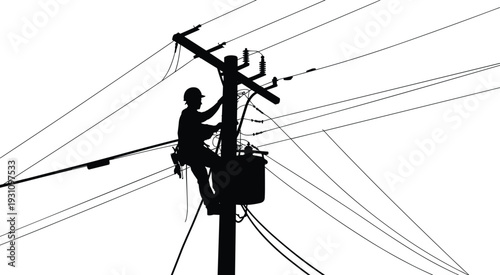 Silhouette of utility line worker servicing transformer on power pole with overhead electrical wires high voltage maintenance energy infrastructure concept