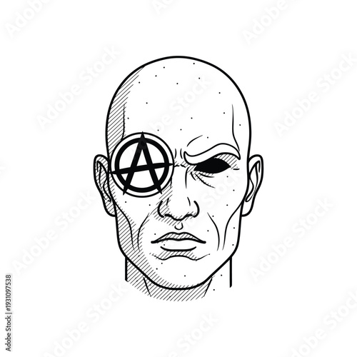 Gritty Anarchy Symbol on Bald Head Illustration - Punk Rock, Rebellion, Anti-Establishment Art