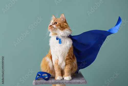 Принти на полотні Cute cat in superhero costume on color background