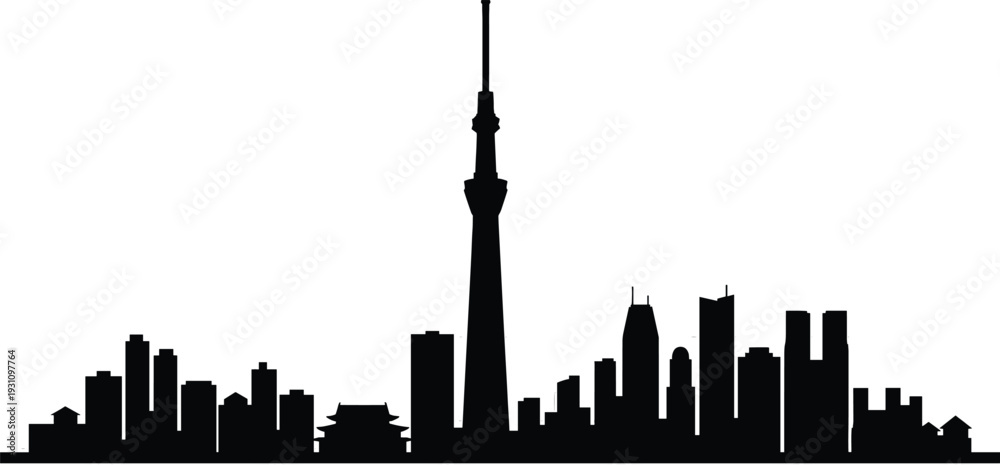 Obraz premium Tokyo skyline silhouette featuring Skytree tower and urban skyscrapers isolated on white background, modern cityscape illustration for travel, architecture, and Japan concepts