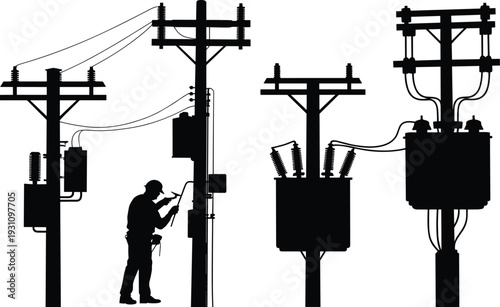 Silhouettes of utility poles with transformers and electrician performing electrical maintenance on power distribution equipment high voltage energy infrastructure concept