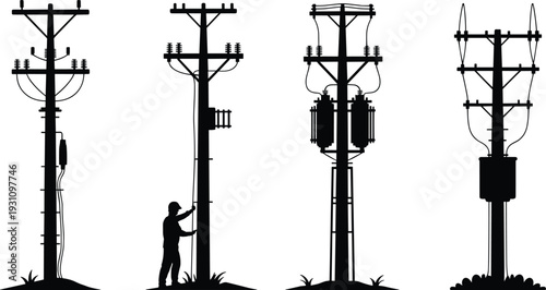 Silhouettes of utility poles with transformers and technician performing electrical maintenance on power distribution lines high voltage energy infrastructure concept