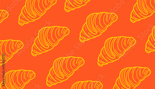 Croissant seamless pattern illustration. Hand drawn bakery background. Minimalist pastry food wallpaper. Orange and white vector. Bread shop textile design.