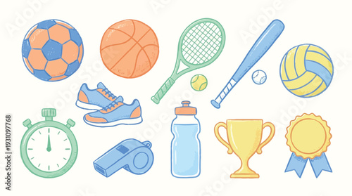 A collection of various sports equipment and accessories including balls, rackets, shoes, and awards on a light background.