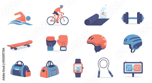 A collection of colorful flat design icons representing various sports and fitness activities and equipment, including swimming, cycling, boxing, skateboarding, and gym gear.