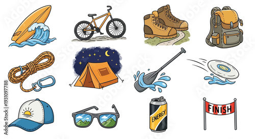 A collection of outdoor adventure and sports equipment icons including surfing, biking, hiking, climbing, camping, paddling, and racing.