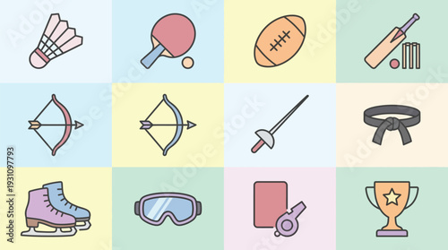 A vibrant grid of colorful sports icons including badminton, table tennis, football, cricket, archery, fencing, martial arts, ice skating, swimming, referee equipment, and a trophy.