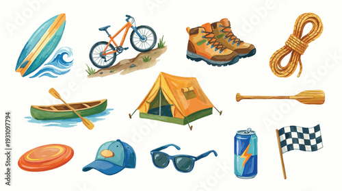 A vibrant collection of watercolor illustrations depicting various outdoor sports and leisure equipment including a surfboard, bicycle, tent, canoe, hiking boots, and accessories.