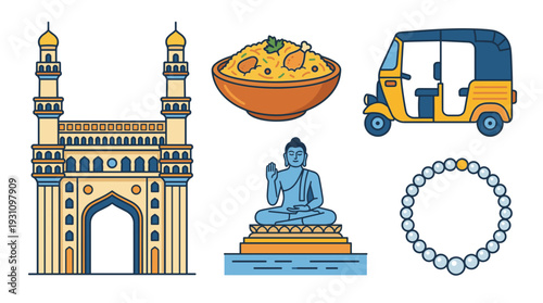 Colorful Hyderabad city travel elements vector set. Flat illustrations of historic Charminar, famous biryani, auto rickshaw, pearl necklace, and Buddha statue isolated on white.