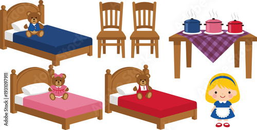 Child's Bedroom and Kitchen Set with Cute Teddy Bears, Furniture, and Tabletop Accessories for Kids