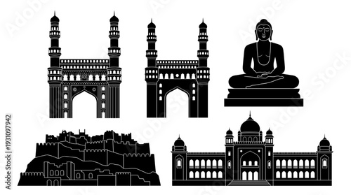 Hyderabad city landmarks silhouette vector set. Charminar, Buddha statue, Golconda fort and historic monuments isolated on white background for Indian travel and tourism design.