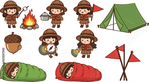 Cute Camping Adventure Set for Kids with Scouts, Campfire, Tent, Sleeping Bags, and Outdoor Gear