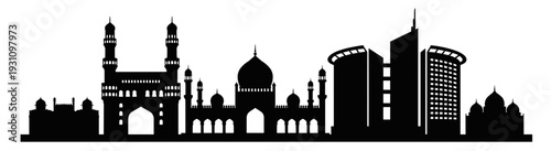 Hyderabad city skyline architecture black silhouette vector illustration featuring famous landmarks like Charminar, Mecca Masjid, and Cyber Towers isolated on white background.