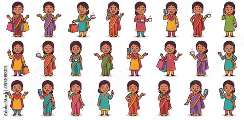 Indian aunties vector character collection showing traditional women holding shopping bags using mobile phones drinking tea and pointing in vibrant sari and salwar kameez outfits.
