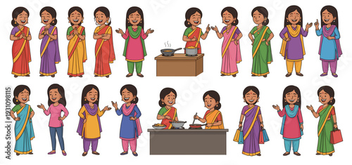 Indian aunties vector illustration set featuring women in traditional sari and salwar kameez cooking talking shopping and standing in various poses for diverse cultural designs.