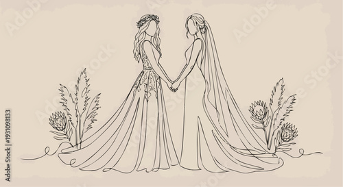 Continuous line art of two brides holding hands for same sex LGBTQ wedding vector illustration.