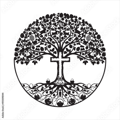 Silhouette of a tree with roots and cross in circular frame design silhouette. 