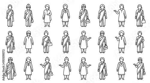 Indian Aunties Vector Line Icons Set, 24 Different Poses of Mature Women in Traditional Attire like Saree and Kurta, Flat Outline Characters Collection for Infographics.