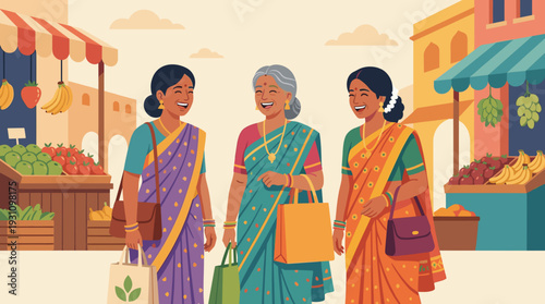 Indian Aunties at Market, Three Middle-Aged Women Shopping for Fruit and Vegetables, Vector Illustration of Friends Laughing and Talking in a Street Market Bazaar.