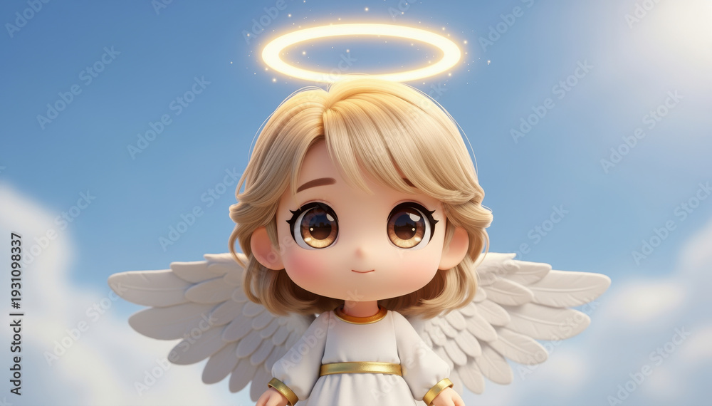 Obraz premium Guardian Angel: A serene angel with a glowing halo and feathered wings gazes gently, exuding peace and protection against a backdrop of a bright sky.
