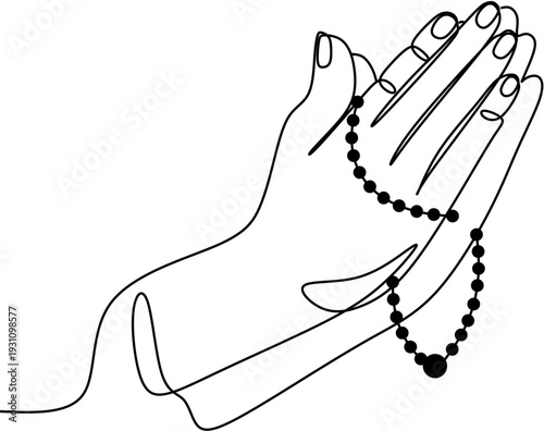 Continuous line drawing of praying hands holding rosary beads for religious and devotion concept
